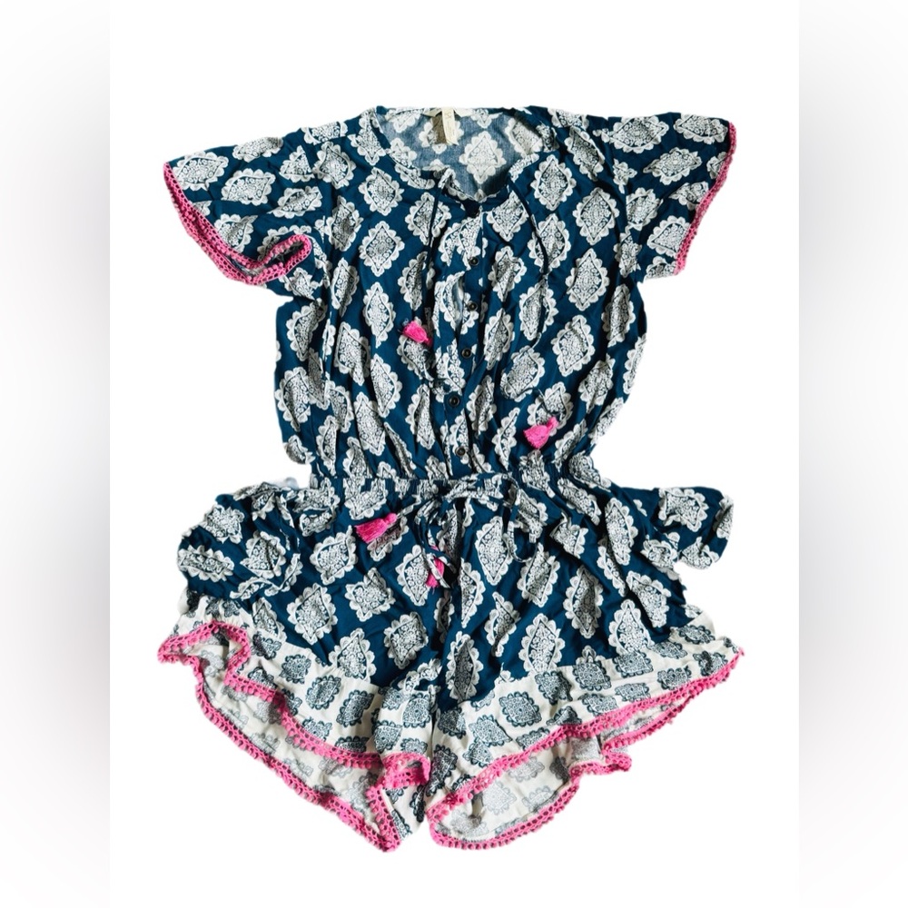 Cottagecore Chic Summer Romper –Navy & White with Pink Tassel Accents Size Small